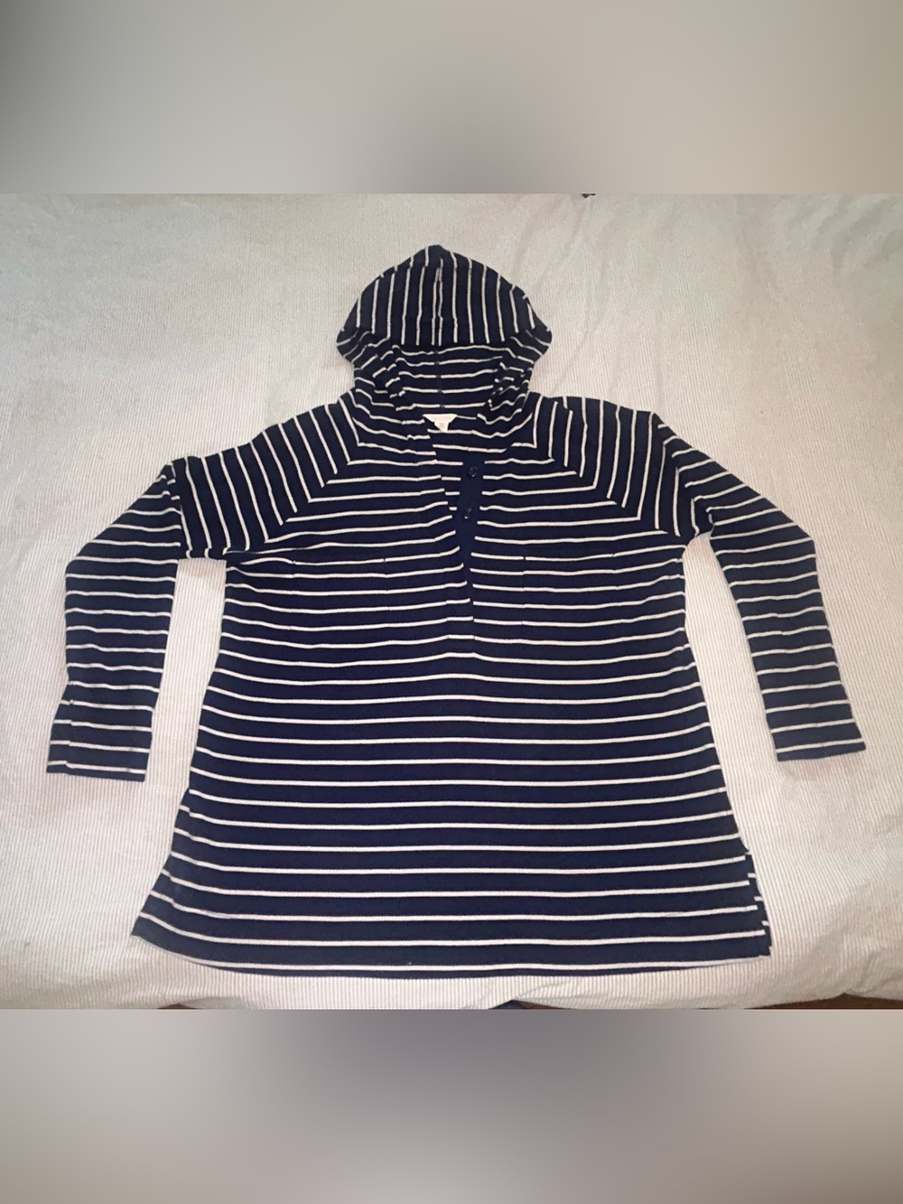 Caslon Navy White Striped Hooded Knit Nautical Tunic Large Coastal Preppy
